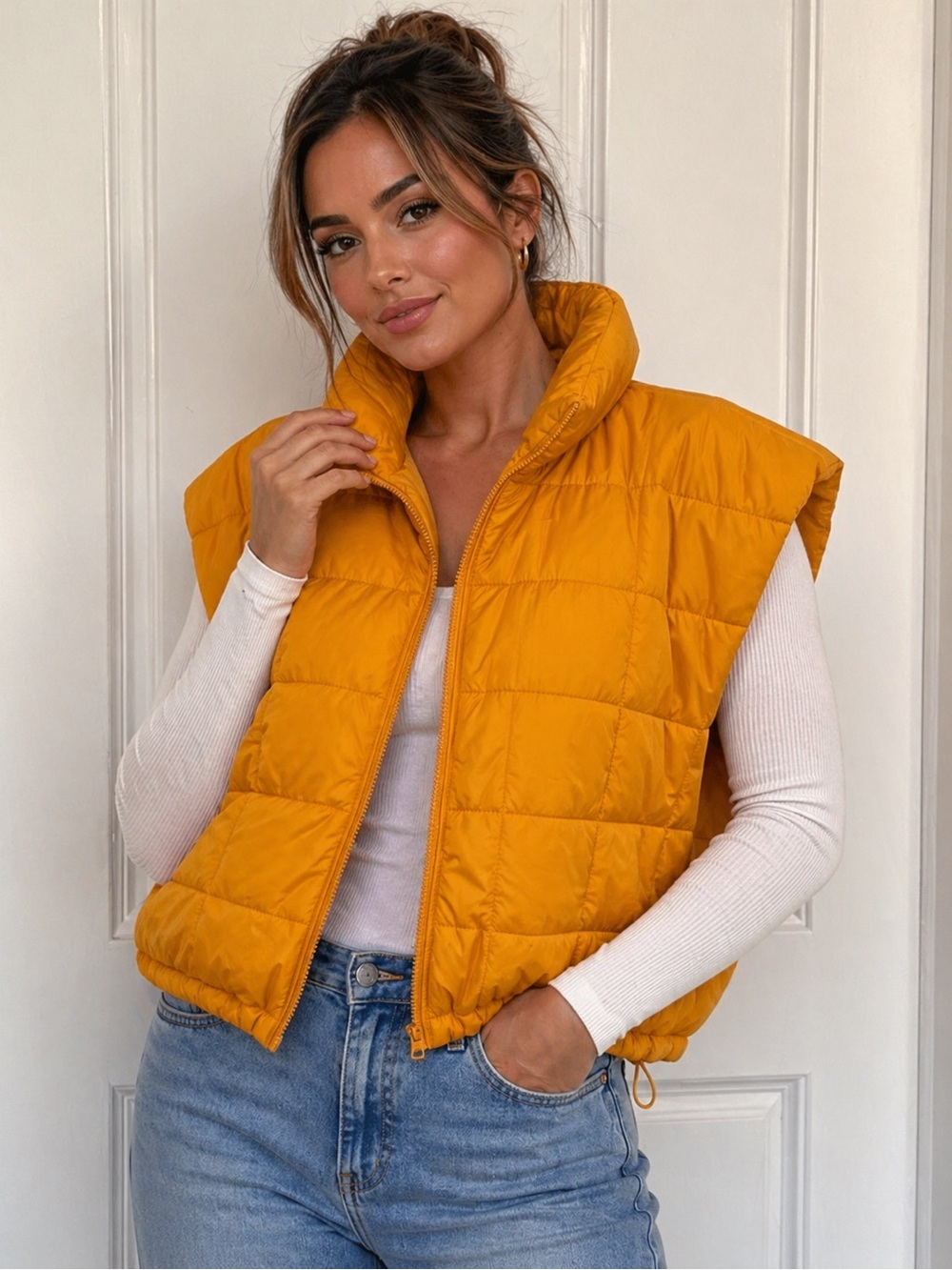 Zara Orange Quilted cropped puffer vest size M-L